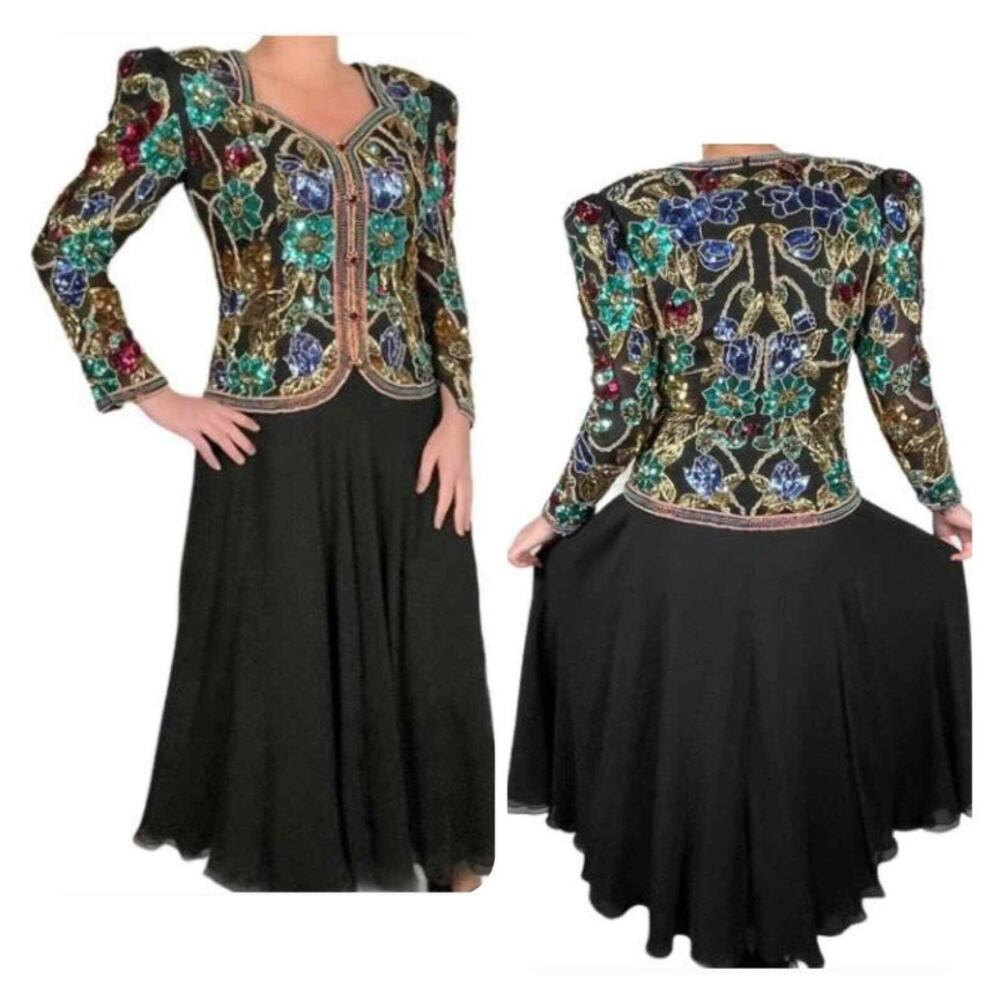 Vintage 80s Black Tie Silk Dress 12 Black Beaded Sequin Eveningwear Formal Party